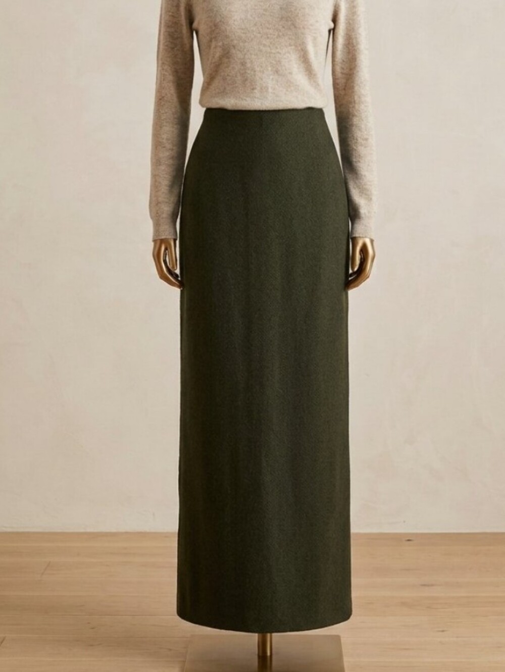 Rare Vintage 100% Wool Olive Maxi Skirt โ Long Straight Silhouette